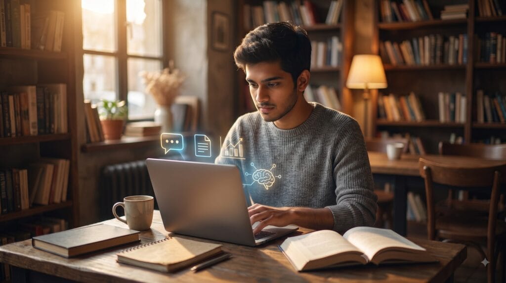 Alt Text: Indian student using AI tools on laptop for studying — top 10 free AI tools for students 2026
