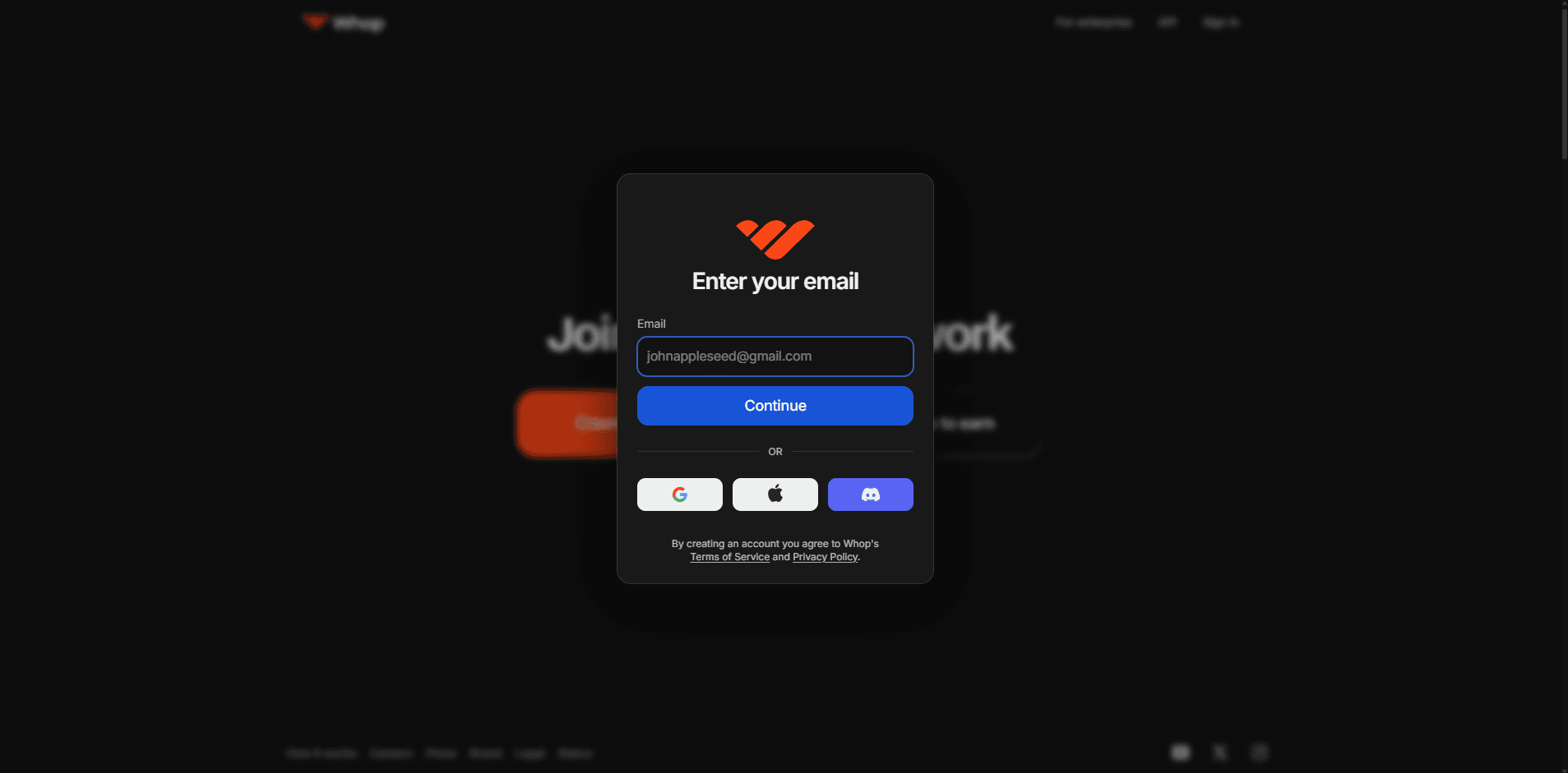 Whop account signup process for clipping